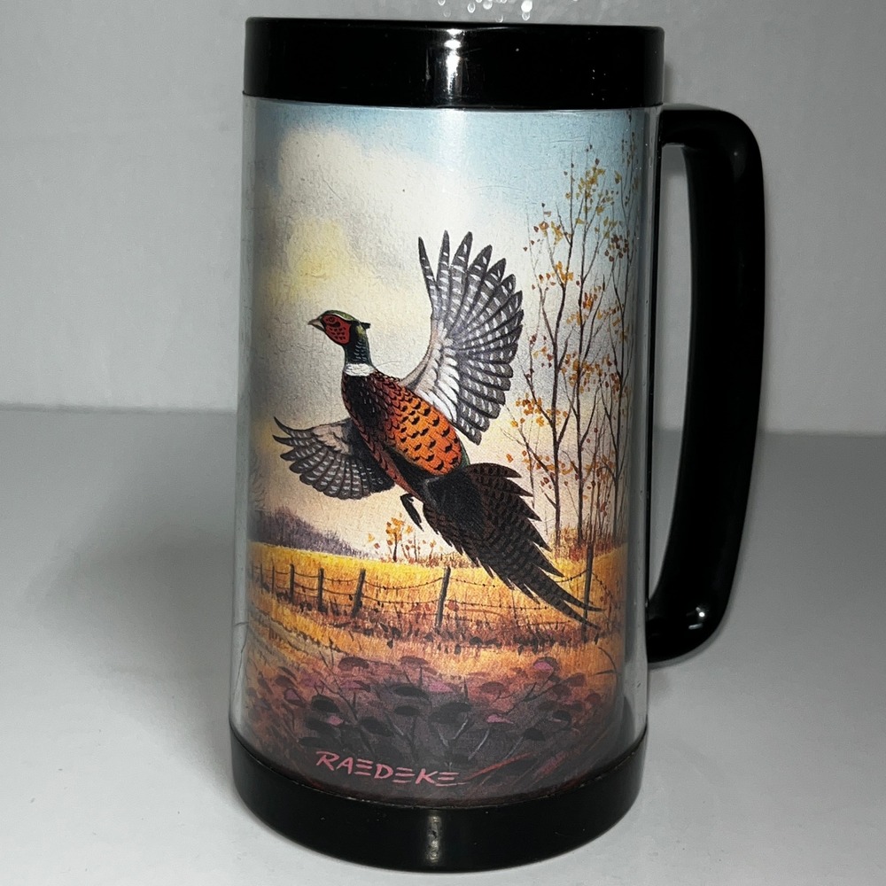 Vintage Raedeke Pheasant Thermal Mug Black Handle Hunting Country Hot/Cold‎ 6.5"